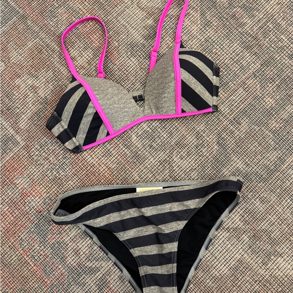 NeonTide Striped Gray & Black Bikini with Hot Pink Trim